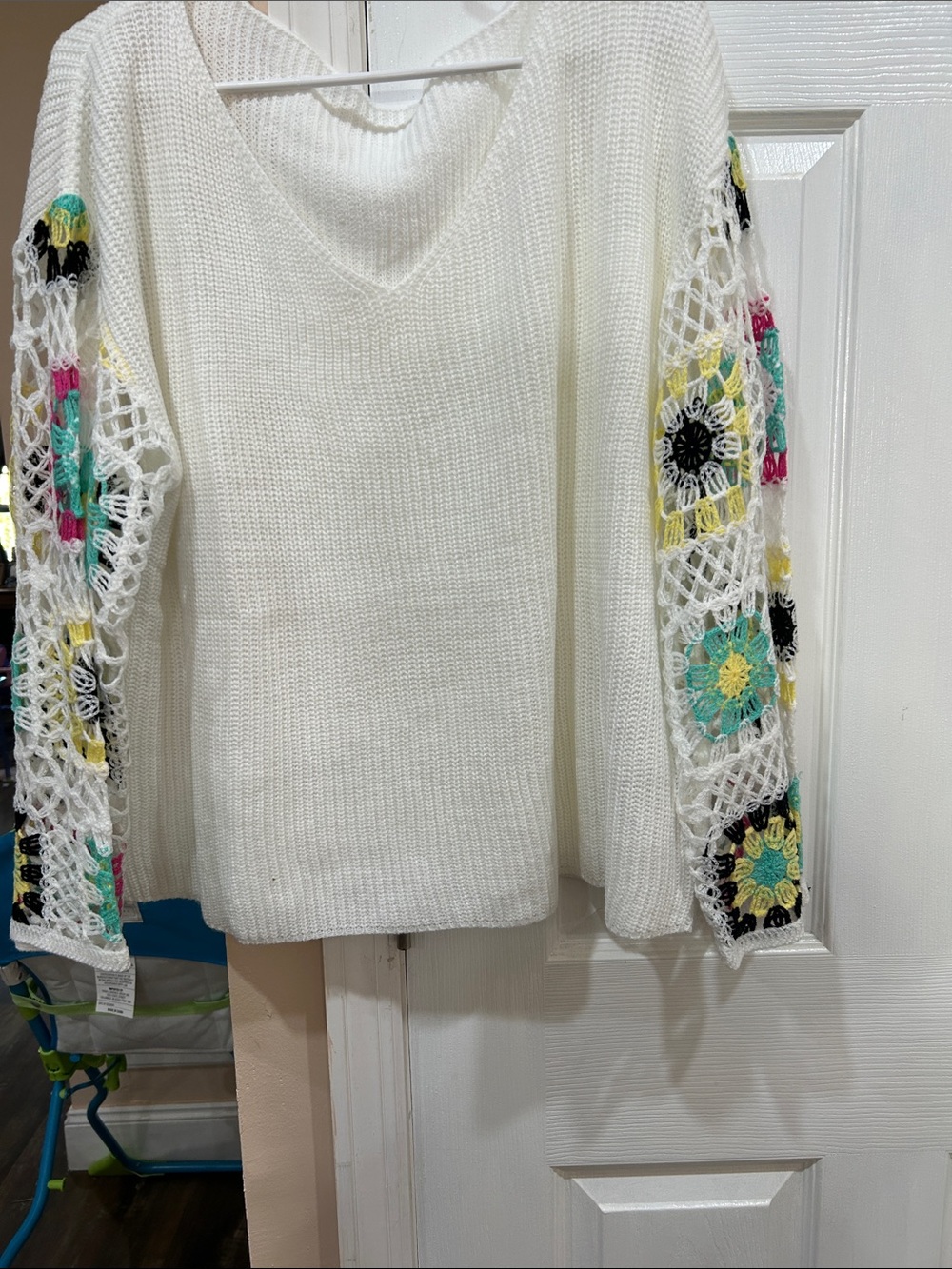 SHEIN White V-Neck Sweater with Multicolor Crocheted Floral Sleeves